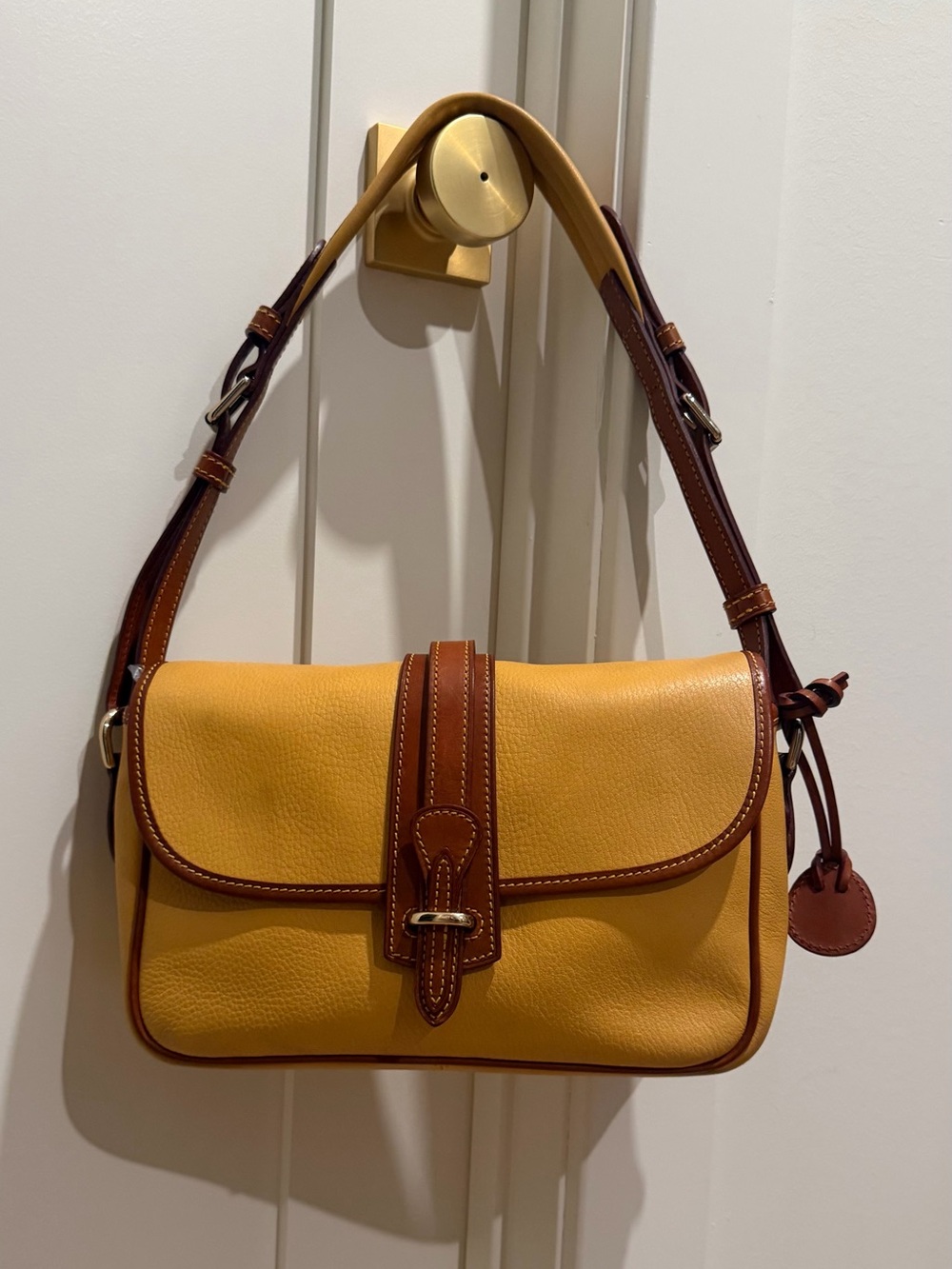 Dooney & Bourke Yellow Leather Equestrian Shoulder Bag with Brown Trim